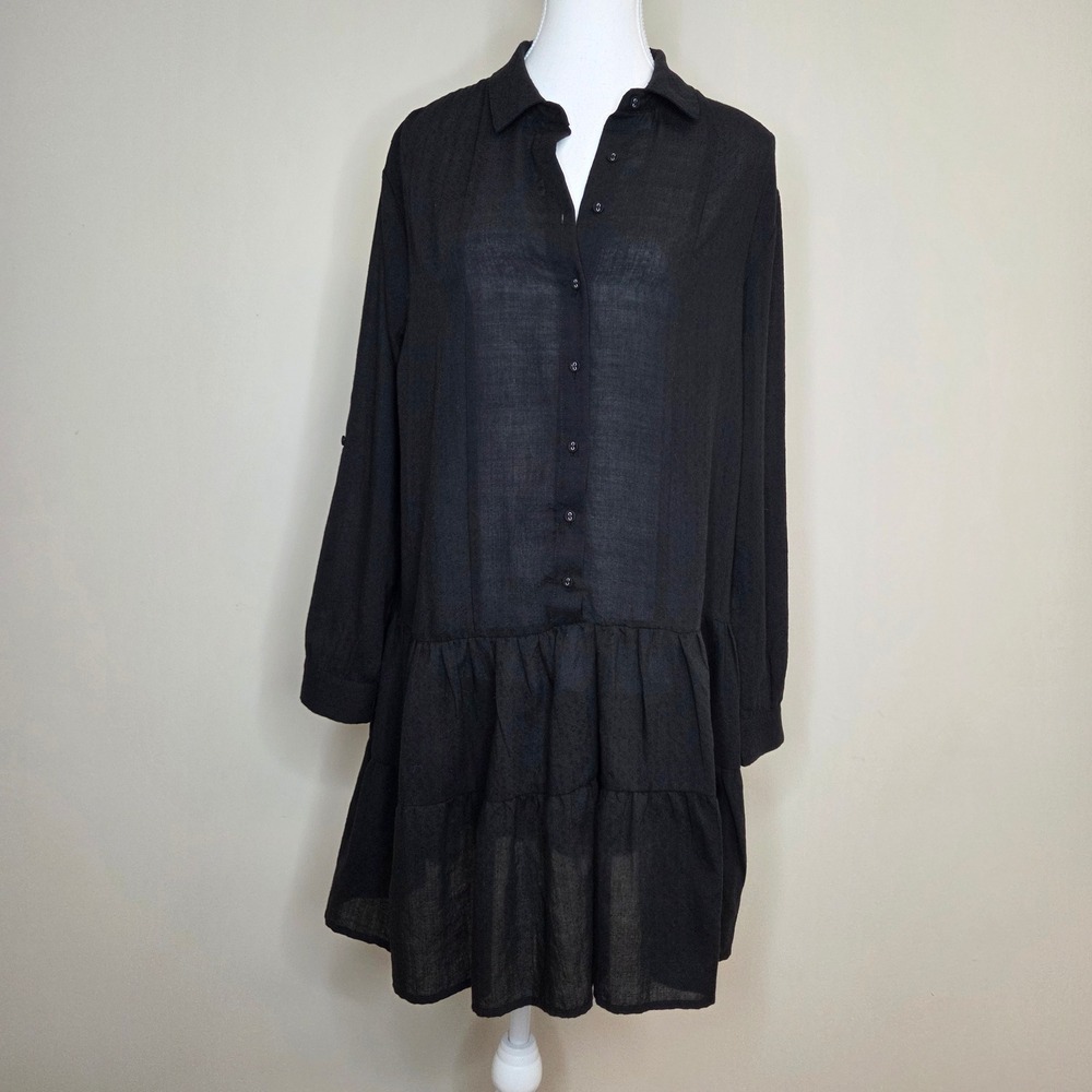 Lovestitch Black Button Down Tiered Drop Waist Shirt‎ Dress Small Long Sleeve